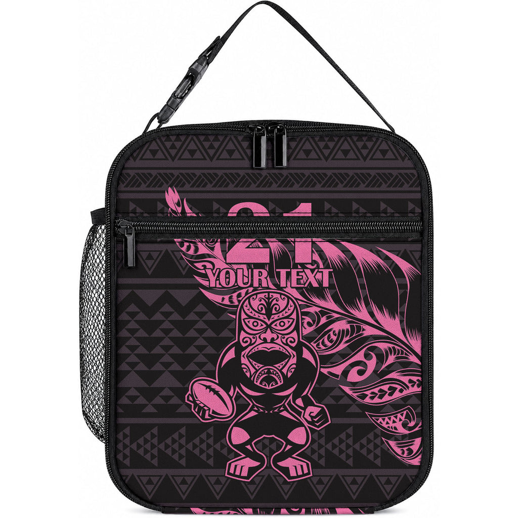 New Zealand Maori Rugby Warrior Custom Lunch Bag Pink Fern Taniko Motif
