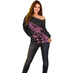 New Zealand Rugby Warrior Custom Off Shoulder Sweater Pink Fern Taniko Motif