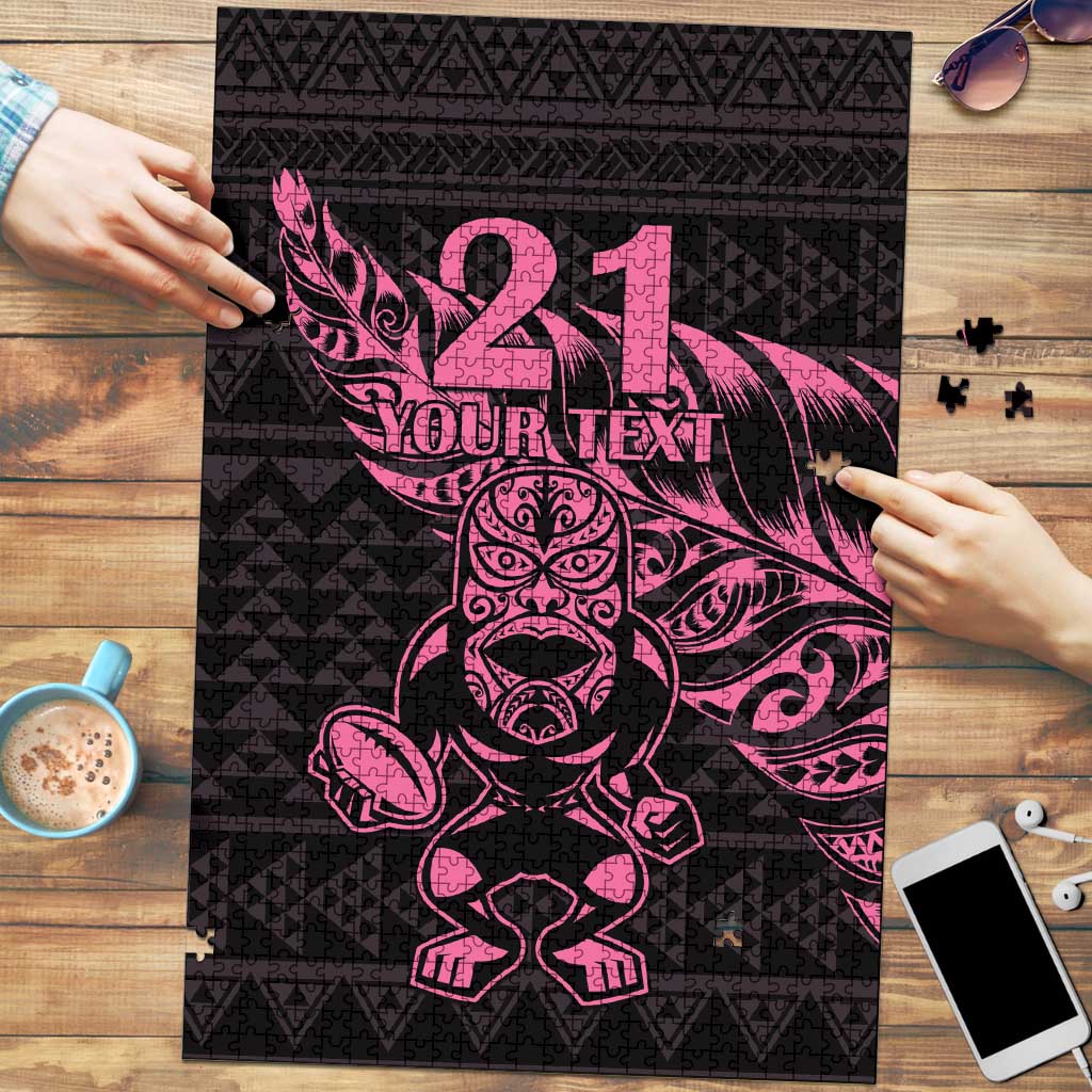 New Zealand Rugby Warrior Custom Puzzle Pink Fern Taniko Motif - Aussie Hoodie