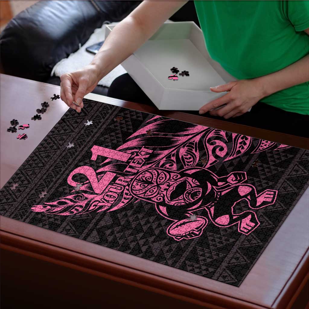 New Zealand Rugby Warrior Custom Puzzle Pink Fern Taniko Motif - Aussie Hoodie