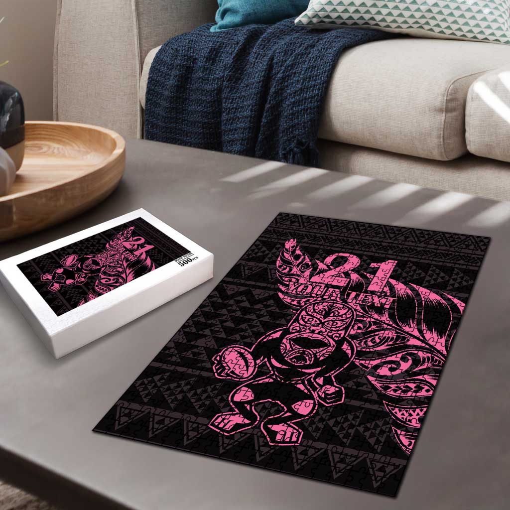 New Zealand Rugby Warrior Custom Puzzle Pink Fern Taniko Motif - Aussie Hoodie