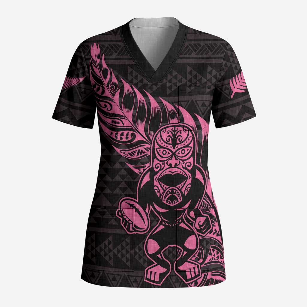 New Zealand Rugby Warrior Custom Scrub Top Pink Fern Taniko Motif - Aussie Hoodie