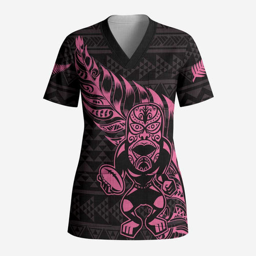 New Zealand Rugby Warrior Custom Scrub Top Pink Fern Taniko Motif - Aussie Hoodie