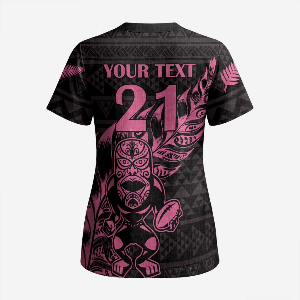 New Zealand Rugby Warrior Custom Scrub Top Pink Fern Taniko Motif - Aussie Hoodie