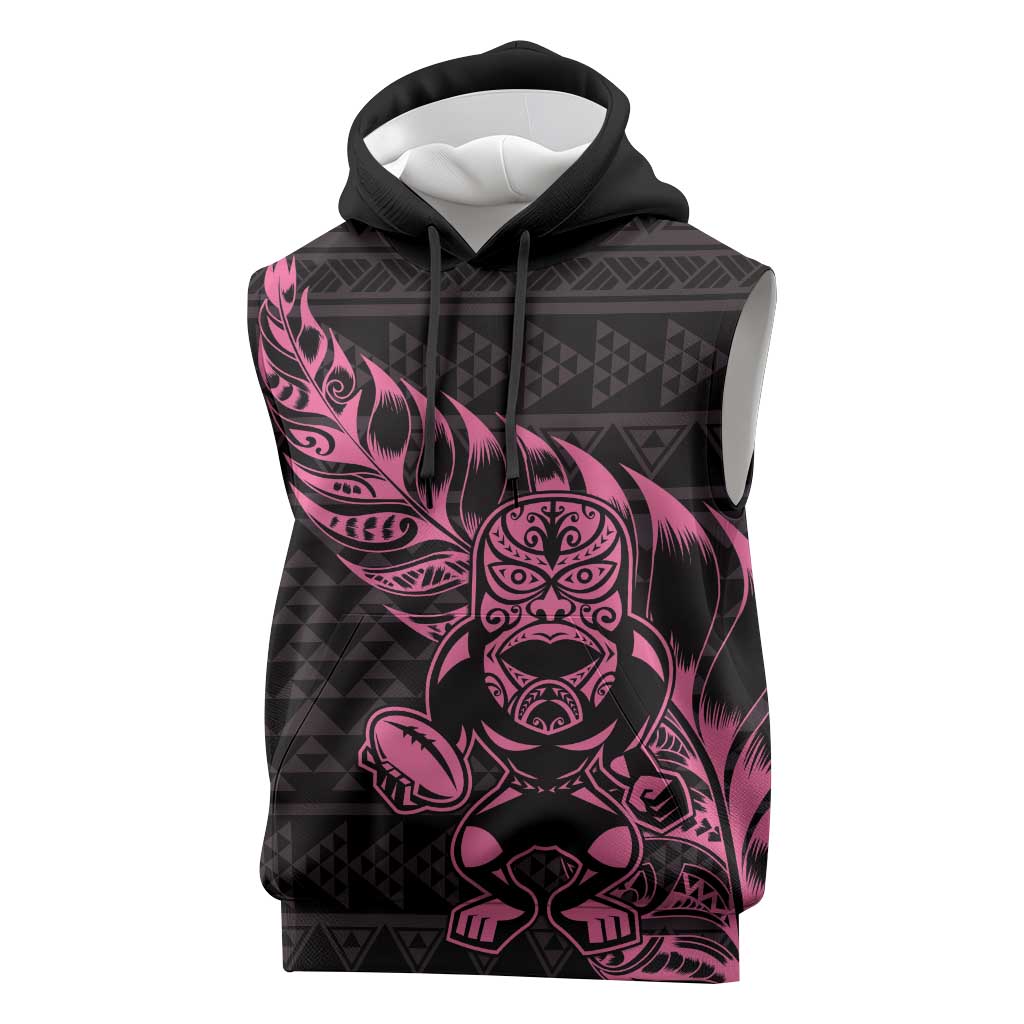 New Zealand Rugby Warrior Custom Sleeveless Hoodie Pink Fern Taniko Motif - Aussie Hoodie