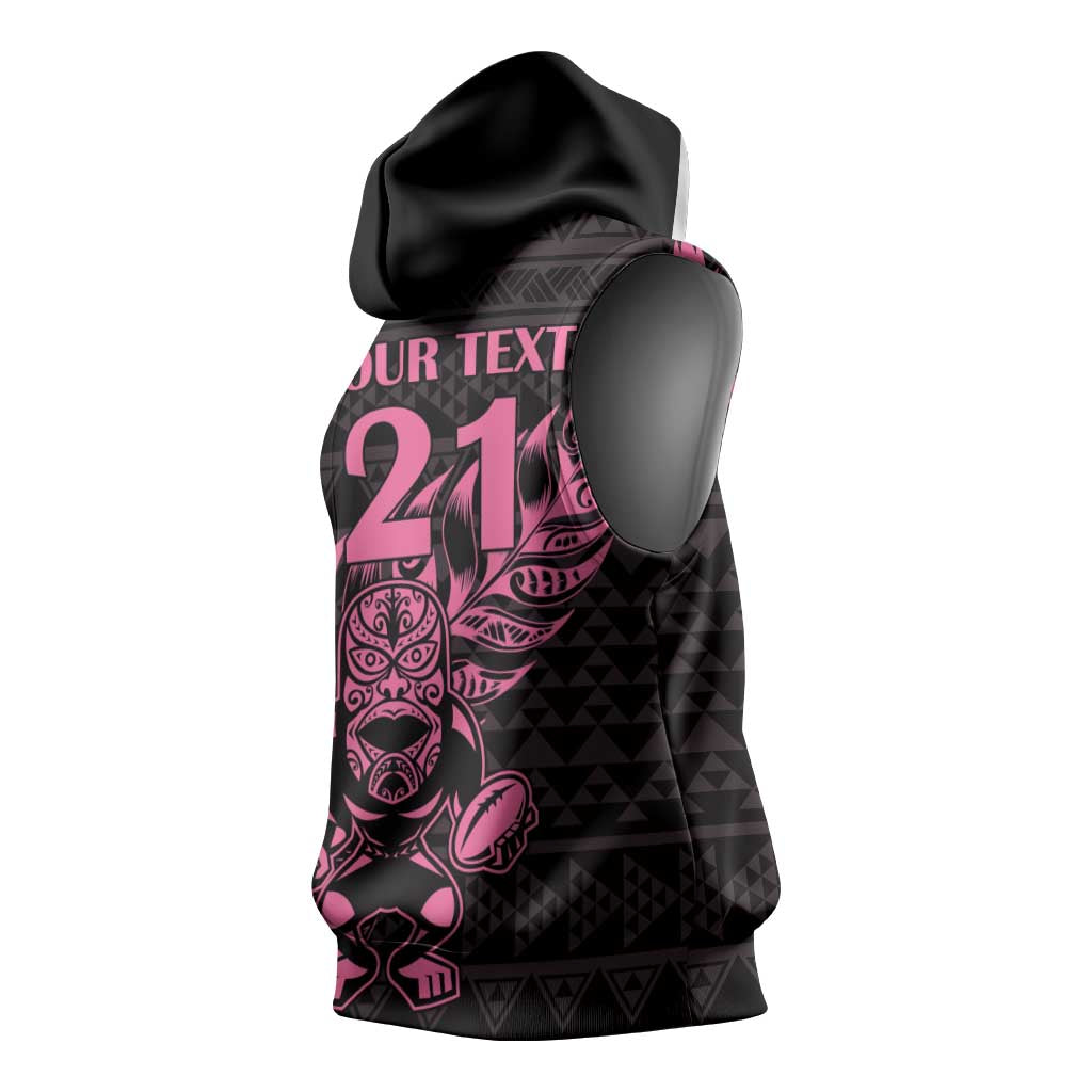 New Zealand Rugby Warrior Custom Sleeveless Hoodie Pink Fern Taniko Motif - Aussie Hoodie