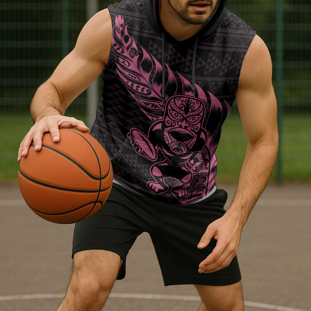 New Zealand Rugby Warrior Custom Sleeveless Hoodie Pink Fern Taniko Motif - Aussie Hoodie