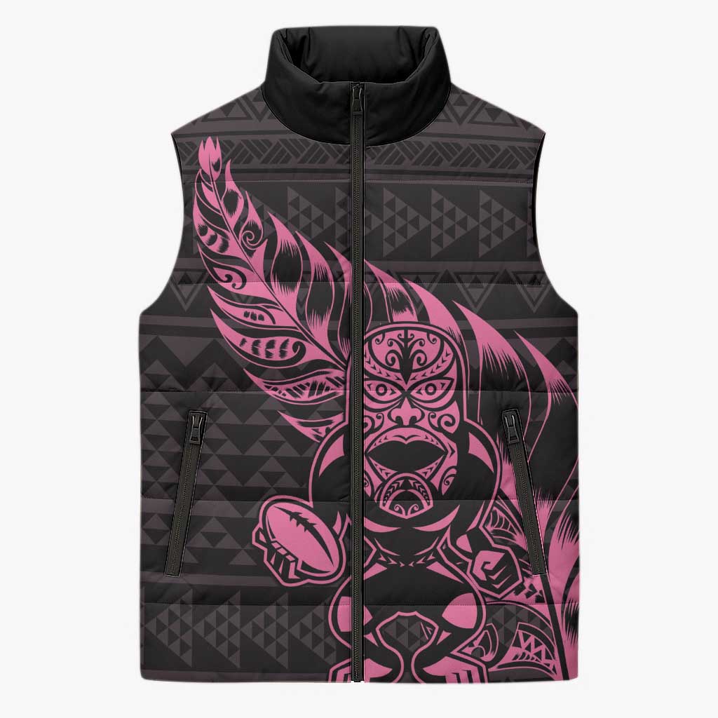 New Zealand Rugby Warrior Custom Sleeveless Puffer Jacket Pink Fern Taniko Motif - Aussie Hoodie