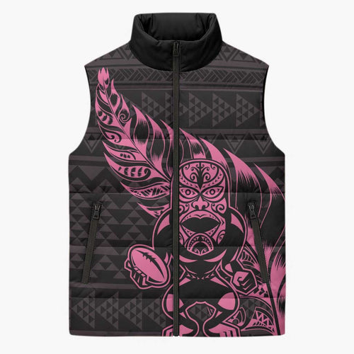 New Zealand Rugby Warrior Custom Sleeveless Puffer Jacket Pink Fern Taniko Motif - Aussie Hoodie