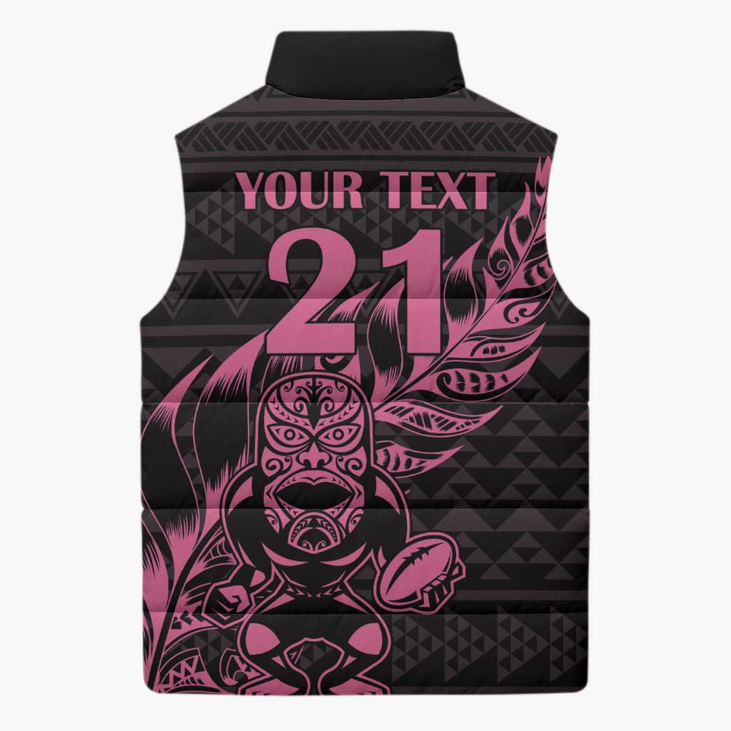 New Zealand Rugby Warrior Custom Sleeveless Puffer Jacket Pink Fern Taniko Motif - Aussie Hoodie