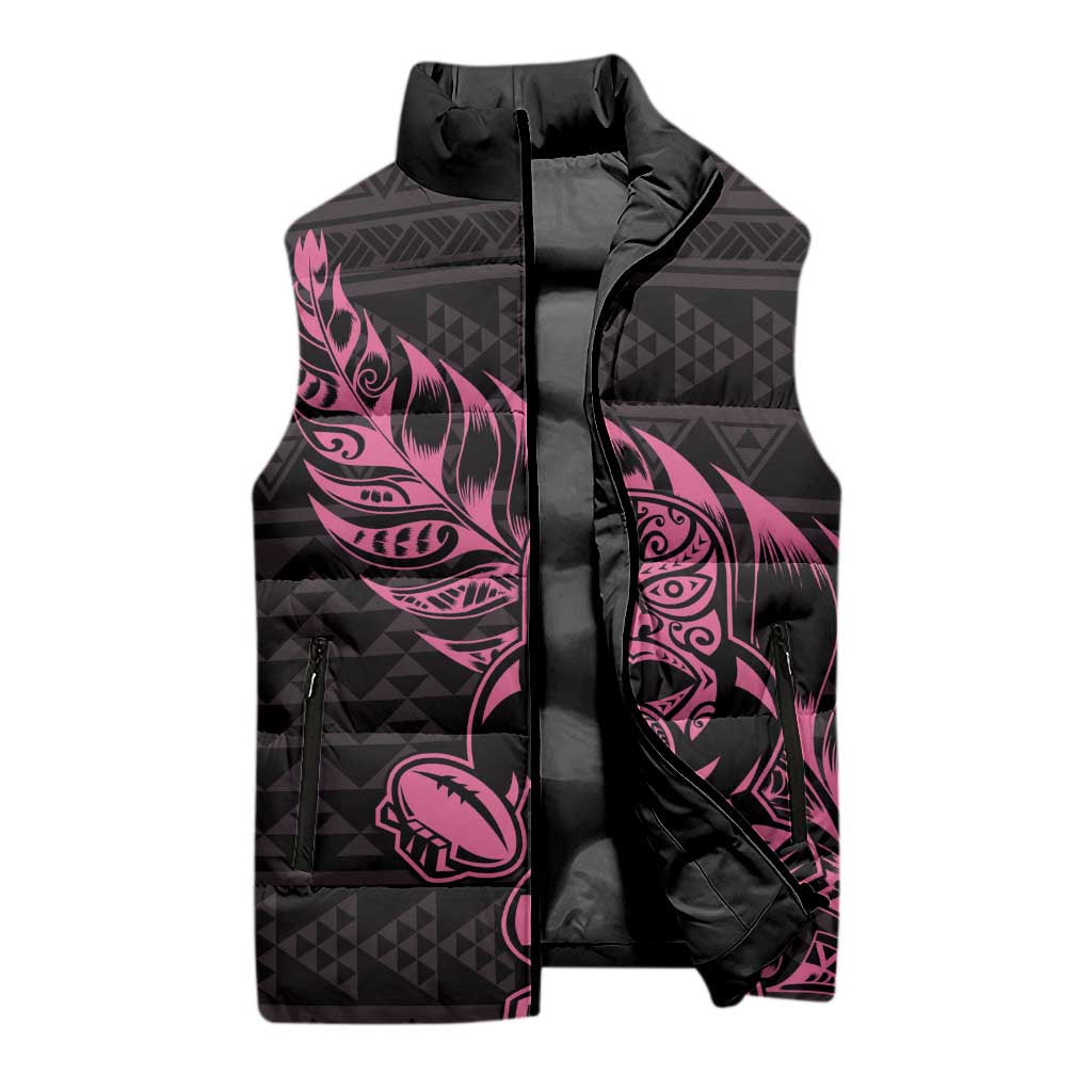 New Zealand Rugby Warrior Custom Sleeveless Puffer Jacket Pink Fern Taniko Motif - Aussie Hoodie