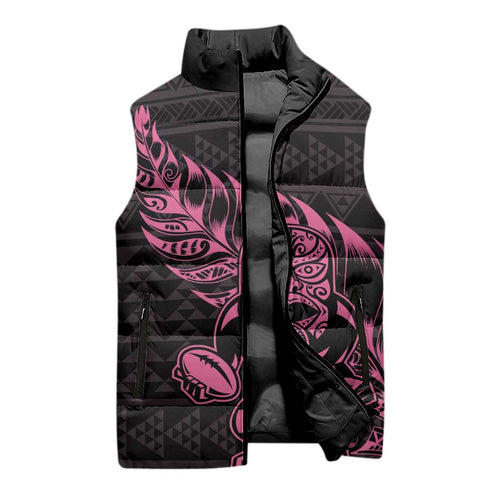 New Zealand Rugby Warrior Custom Sleeveless Puffer Jacket Pink Fern Taniko Motif - Aussie Hoodie