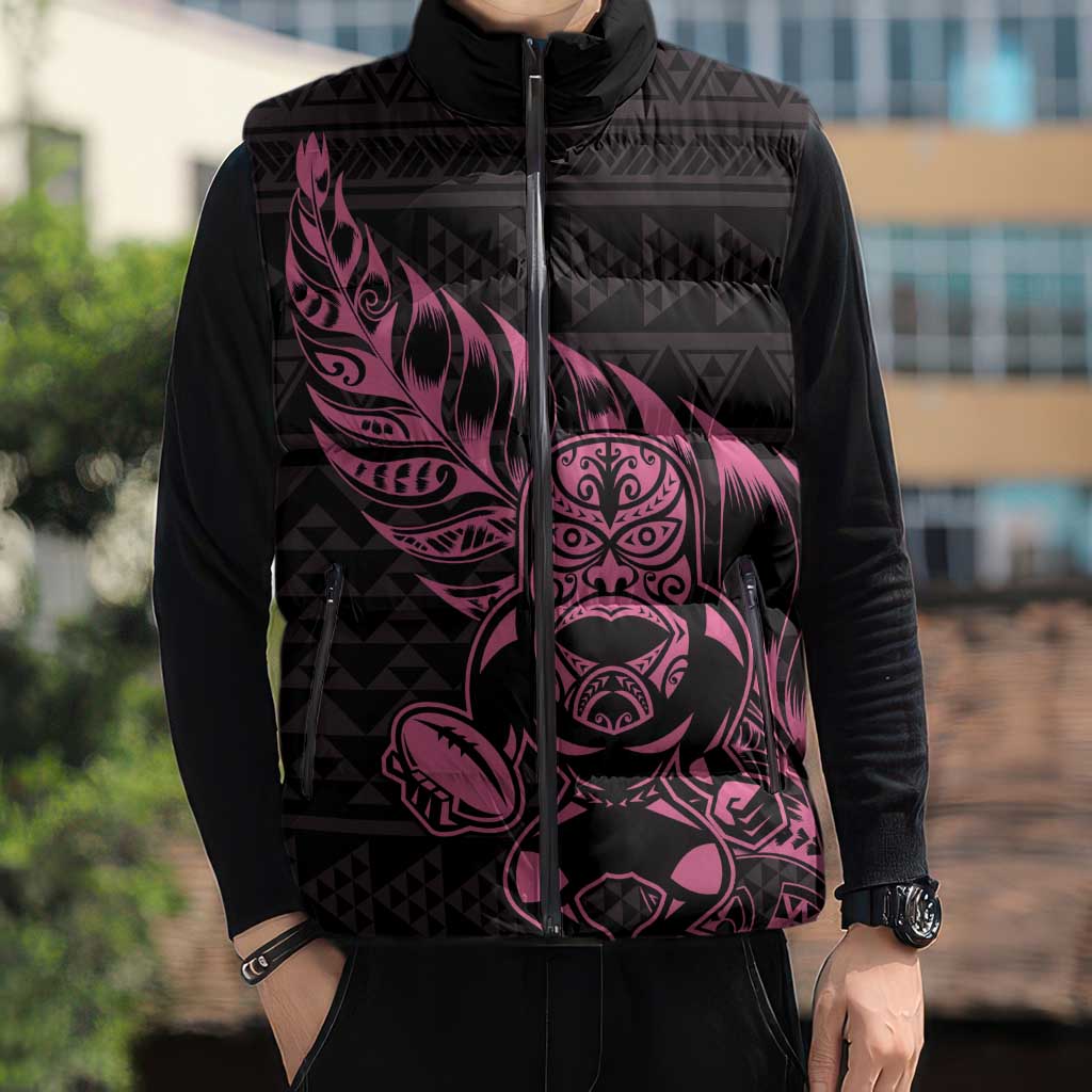 New Zealand Rugby Warrior Custom Sleeveless Puffer Jacket Pink Fern Taniko Motif - Aussie Hoodie