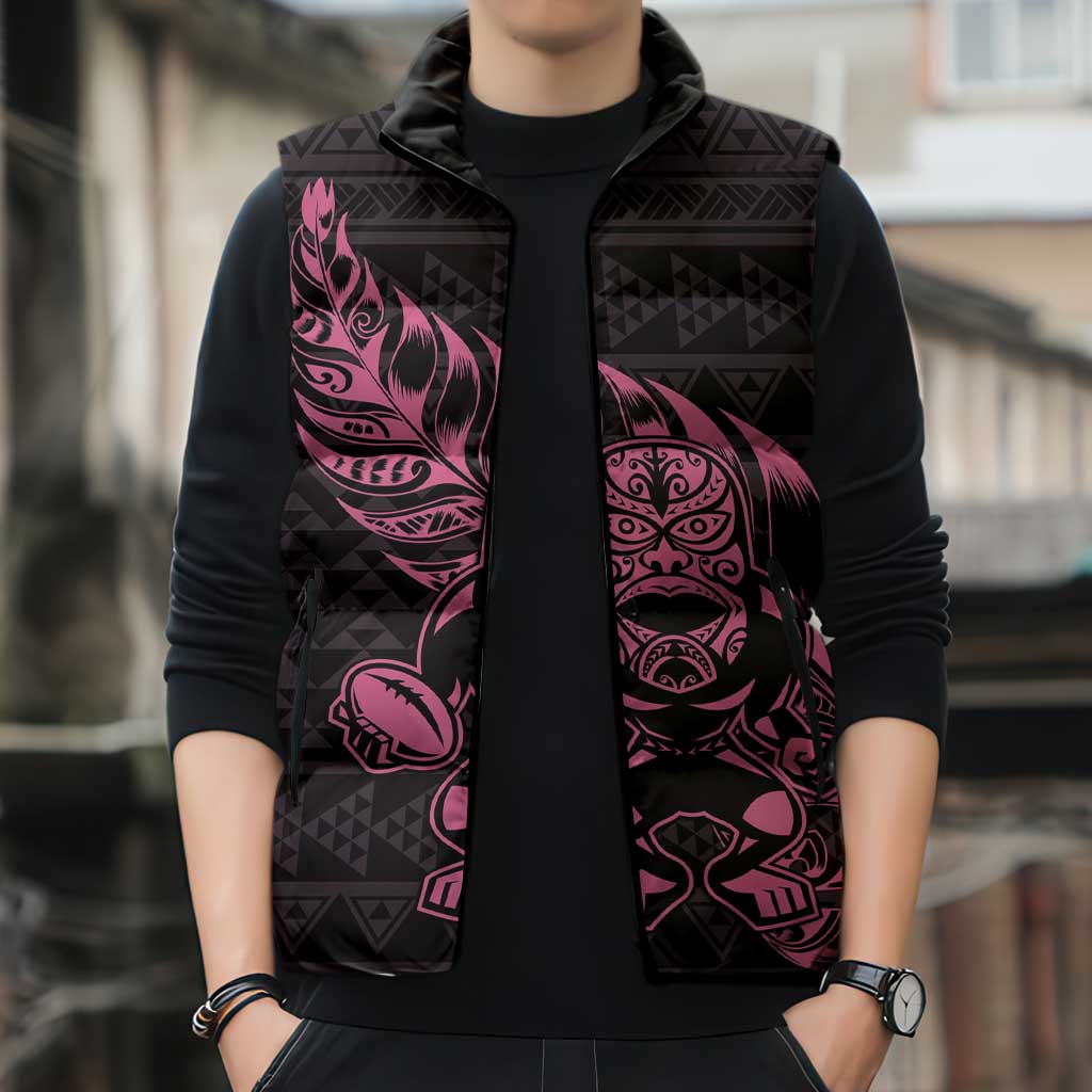 New Zealand Rugby Warrior Custom Sleeveless Puffer Jacket Pink Fern Taniko Motif - Aussie Hoodie