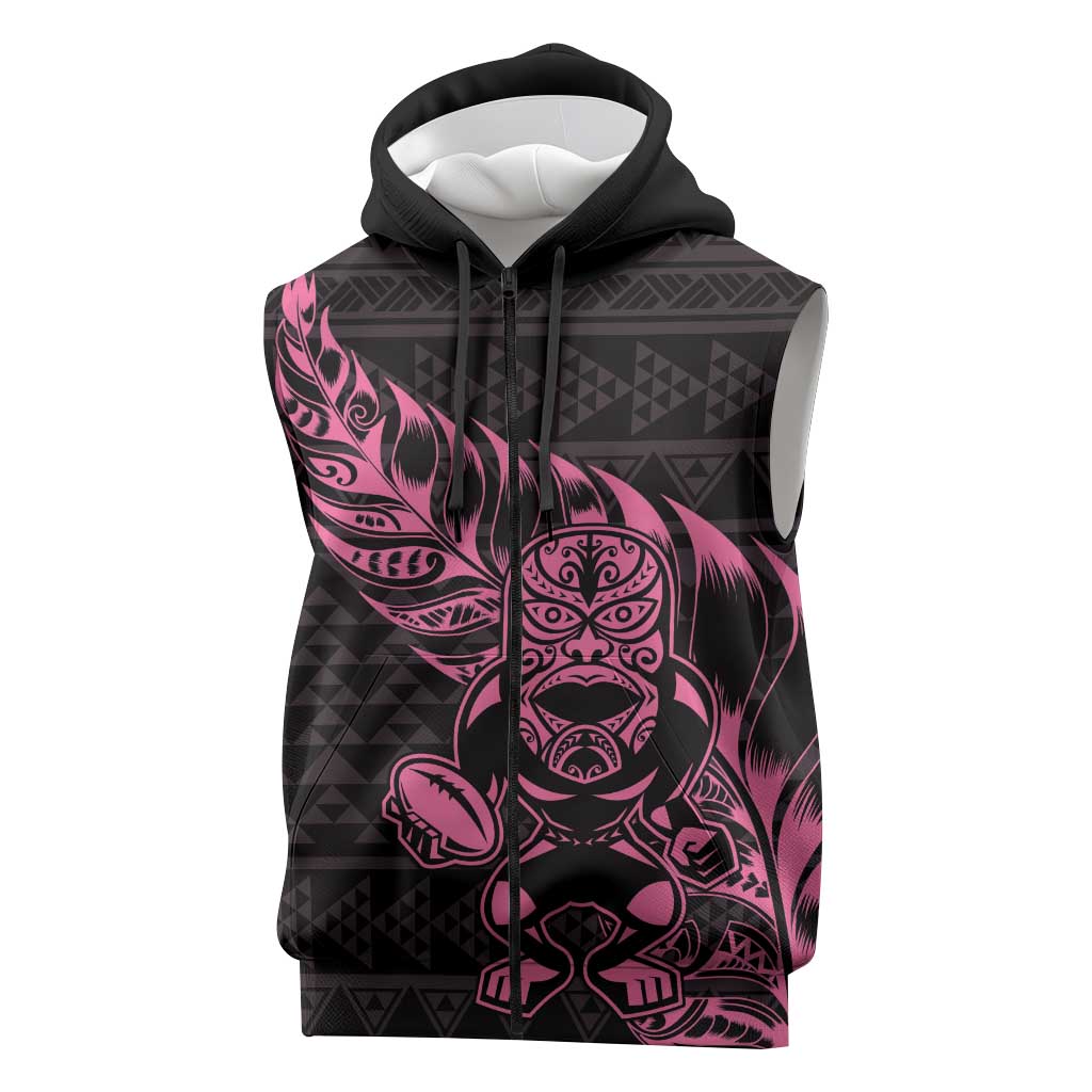 New Zealand Rugby Warrior Custom Sleeveless Zip Hoodie Pink Fern Taniko Motif LT9