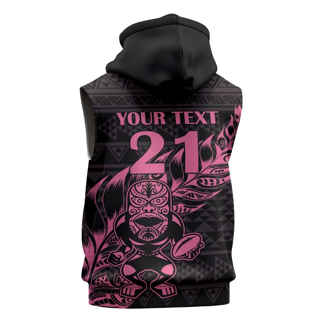 New Zealand Rugby Warrior Custom Sleeveless Zip Hoodie Pink Fern Taniko Motif - Aussie Hoodie