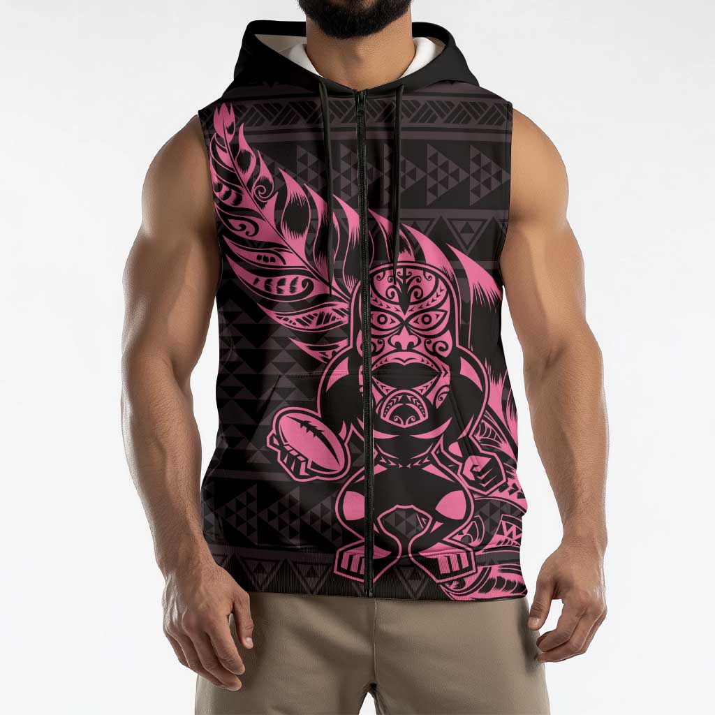 New Zealand Rugby Warrior Custom Sleeveless Zip Hoodie Pink Fern Taniko Motif LT9
