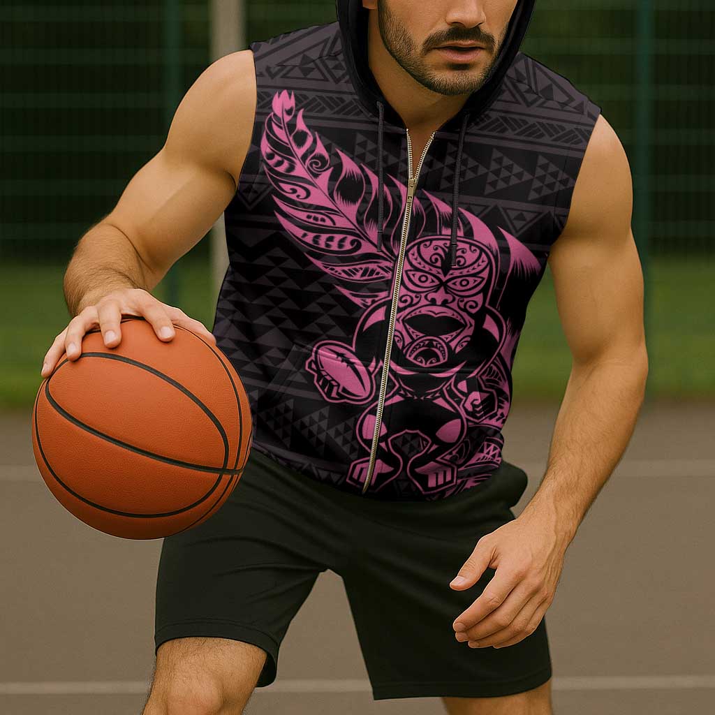 New Zealand Rugby Warrior Custom Sleeveless Zip Hoodie Pink Fern Taniko Motif - Aussie Hoodie