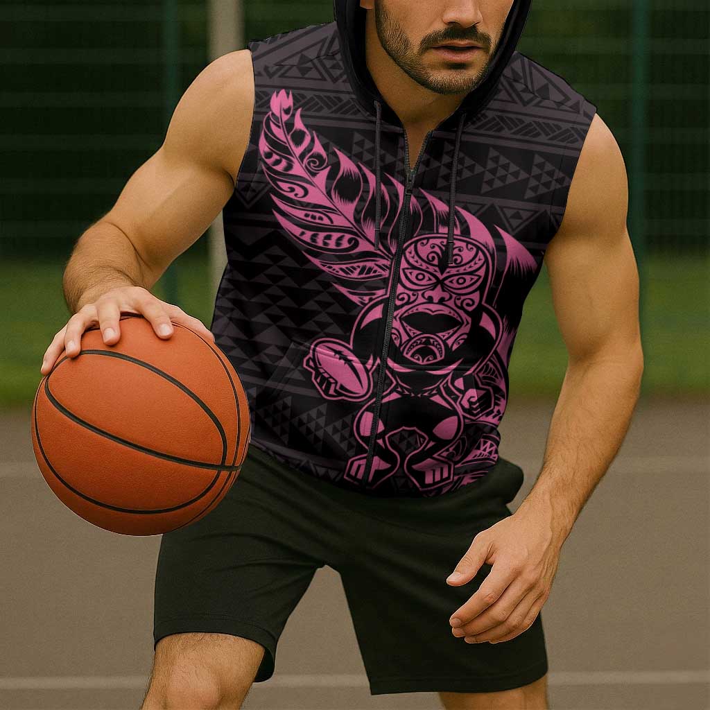 New Zealand Rugby Warrior Custom Sleeveless Zip Hoodie Pink Fern Taniko Motif LT9
