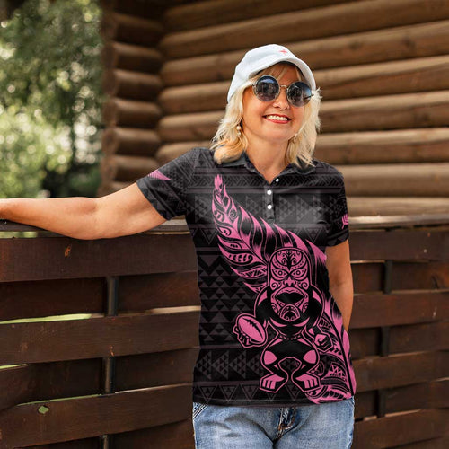 New Zealand Rugby Warrior Custom Women Polo Shirt Pink Fern Taniko Motif