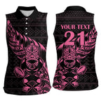 New Zealand Rugby Warrior Custom Women Sleeveless Polo Shirt Pink Fern Taniko Motif