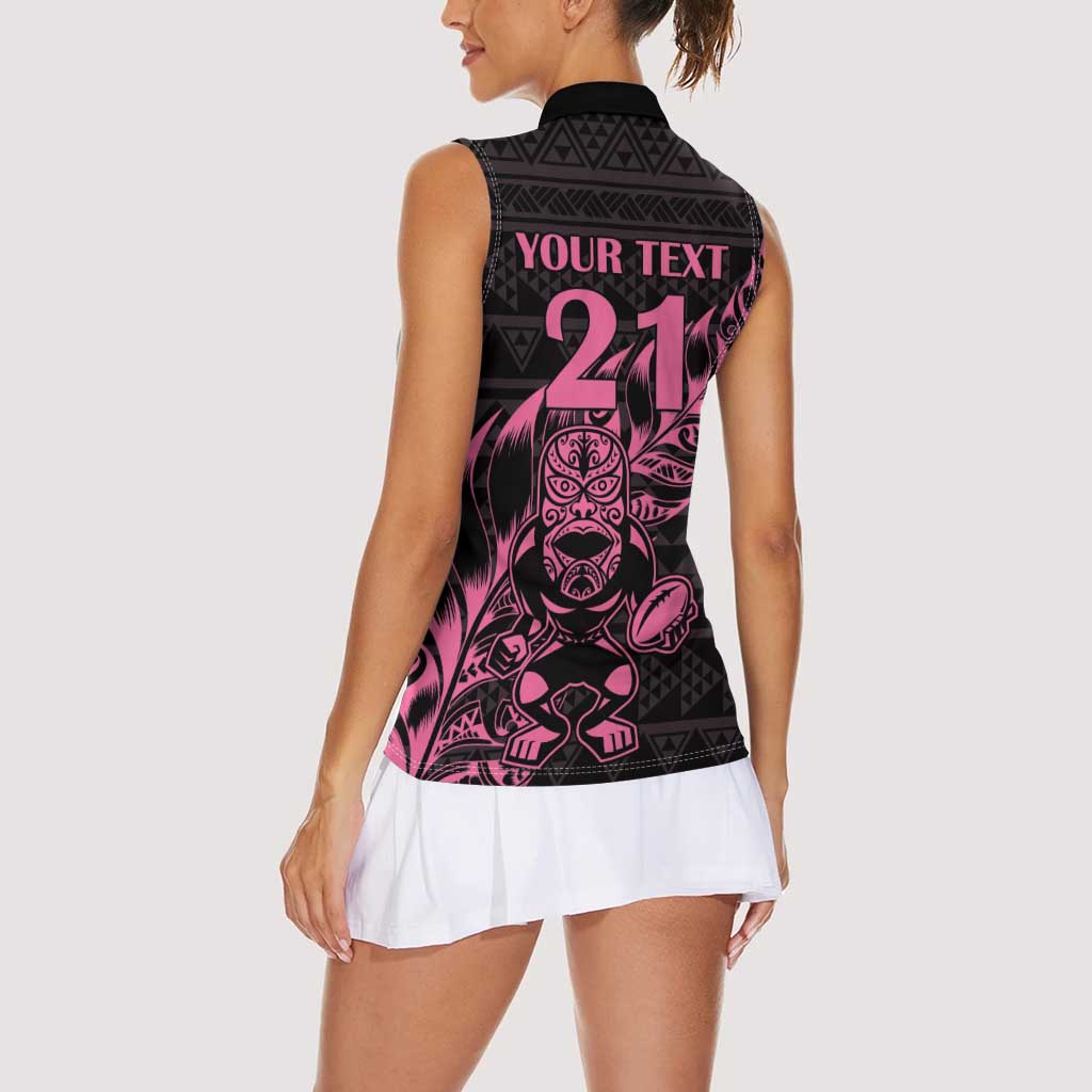 New Zealand Rugby Warrior Custom Women Sleeveless Polo Shirt Pink Fern Taniko Motif