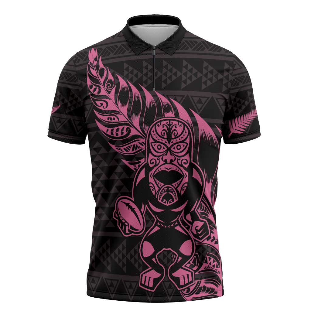 New Zealand Rugby Warrior Custom Zipper Polo Shirt Pink Fern Taniko Motif - Aussie Hoodie