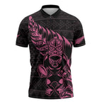 New Zealand Rugby Warrior Custom Zipper Polo Shirt Pink Fern Taniko Motif - Aussie Hoodie