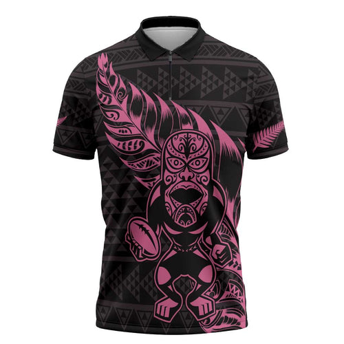 New Zealand Rugby Warrior Custom Zipper Polo Shirt Pink Fern Taniko Motif - Aussie Hoodie