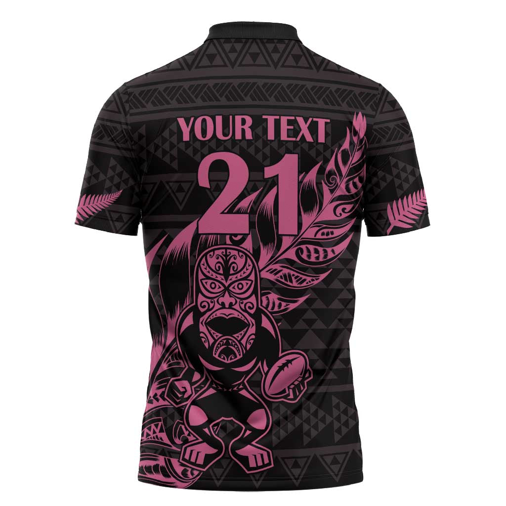 New Zealand Rugby Warrior Custom Zipper Polo Shirt Pink Fern Taniko Motif - Aussie Hoodie