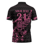 New Zealand Rugby Warrior Custom Zipper Polo Shirt Pink Fern Taniko Motif - Aussie Hoodie