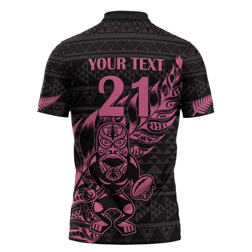New Zealand Rugby Warrior Custom Zipper Polo Shirt Pink Fern Taniko Motif - Aussie Hoodie