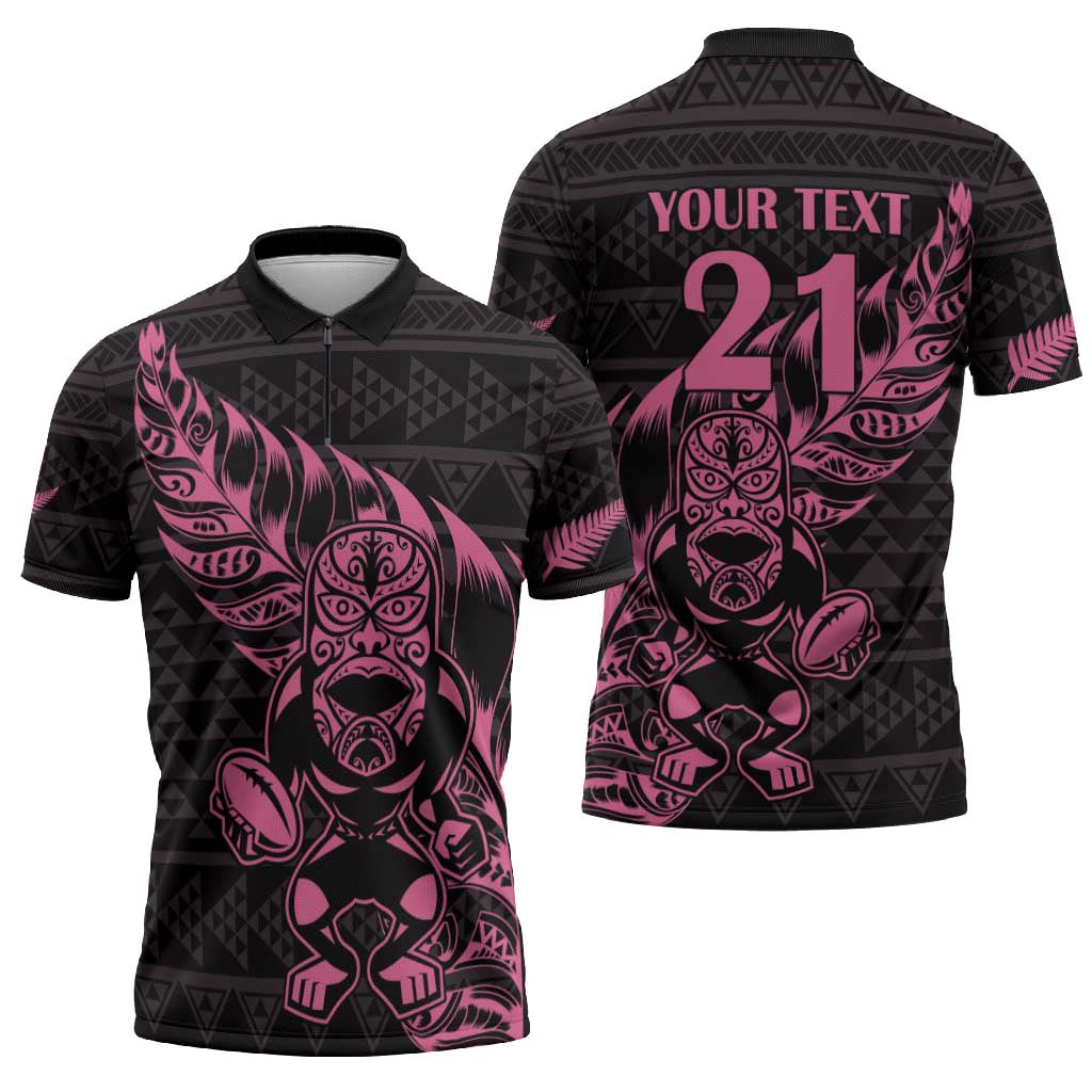 New Zealand Rugby Warrior Custom Zipper Polo Shirt Pink Fern Taniko Motif - Aussie Hoodie