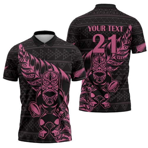 New Zealand Rugby Warrior Custom Zipper Polo Shirt Pink Fern Taniko Motif - Aussie Hoodie