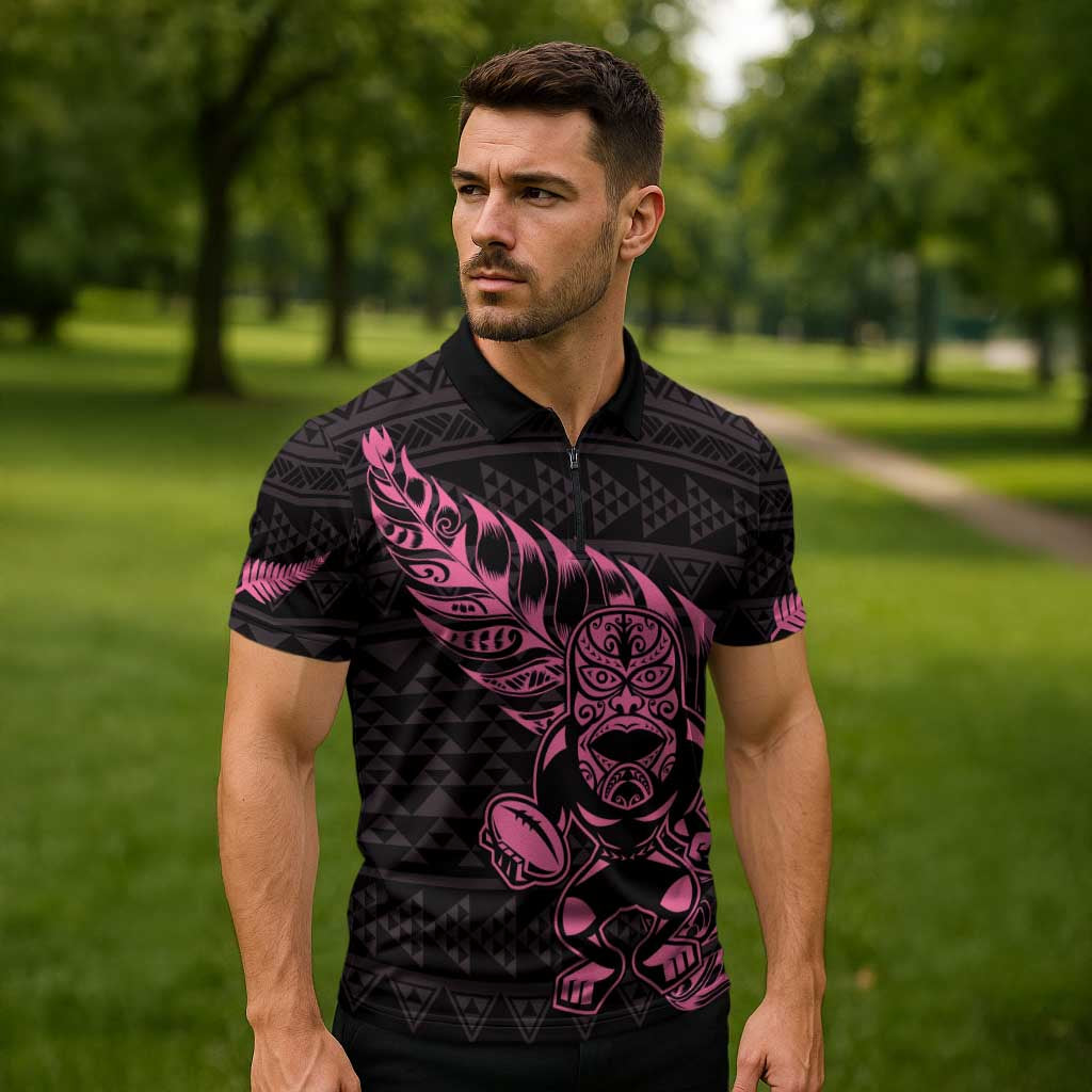 New Zealand Rugby Warrior Custom Zipper Polo Shirt Pink Fern Taniko Motif - Aussie Hoodie