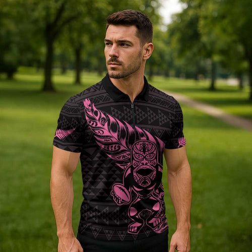 New Zealand Rugby Warrior Custom Zipper Polo Shirt Pink Fern Taniko Motif - Aussie Hoodie