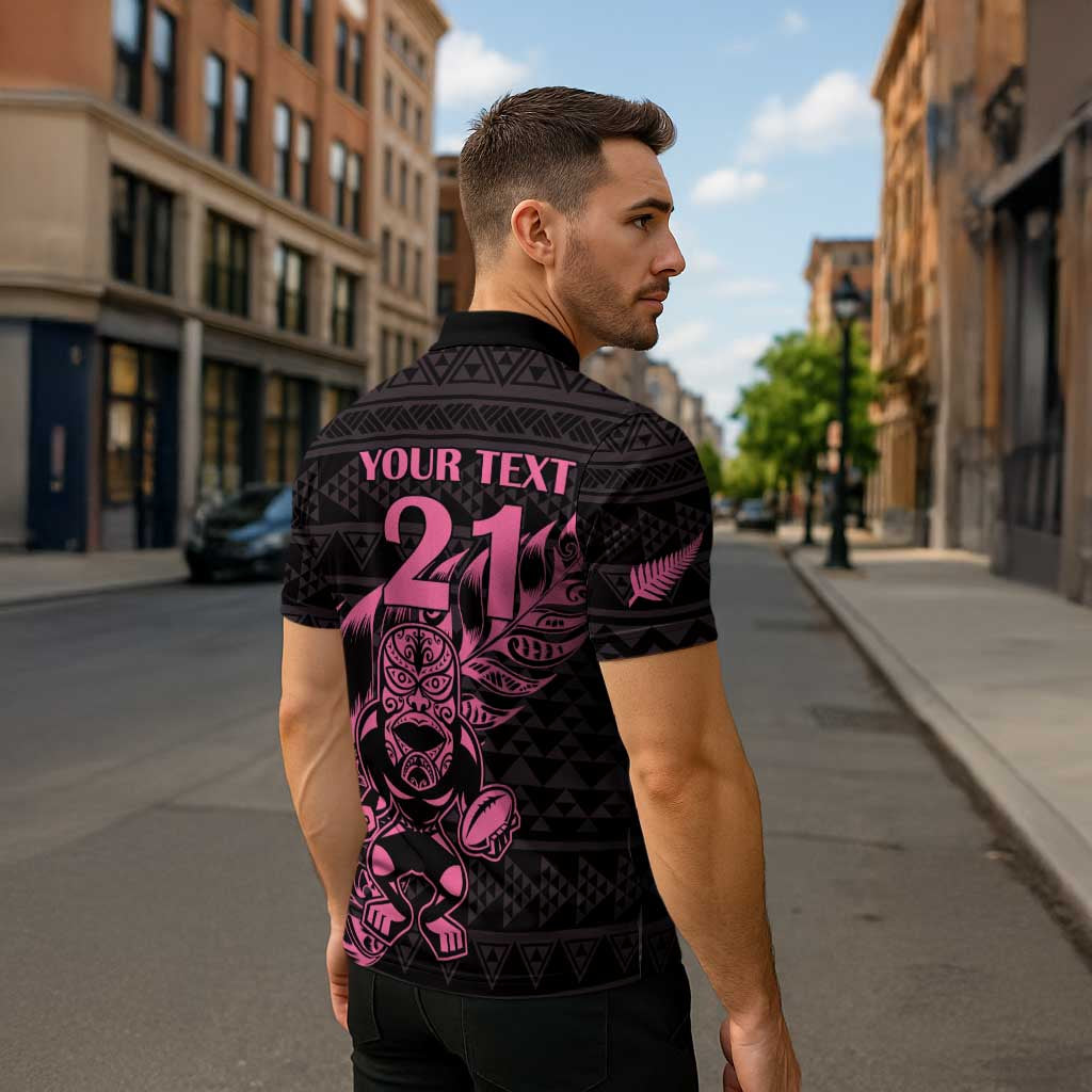 New Zealand Rugby Warrior Custom Zipper Polo Shirt Pink Fern Taniko Motif - Aussie Hoodie