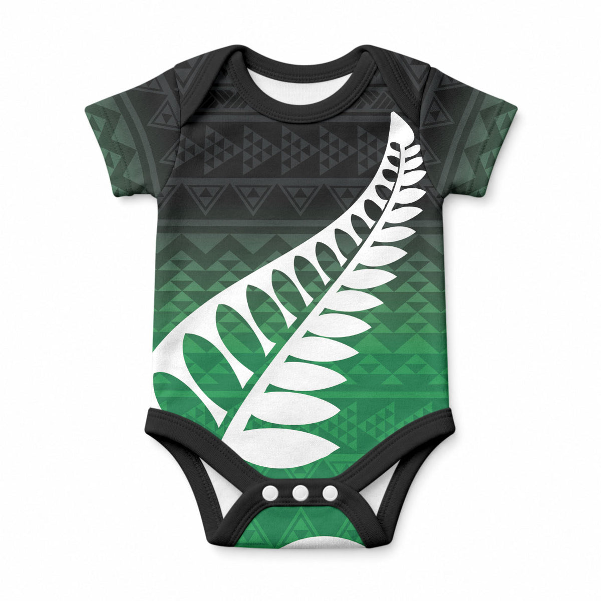Green Silver Fern Spirit Taniko Tukutuku Personalised Baby Onesie