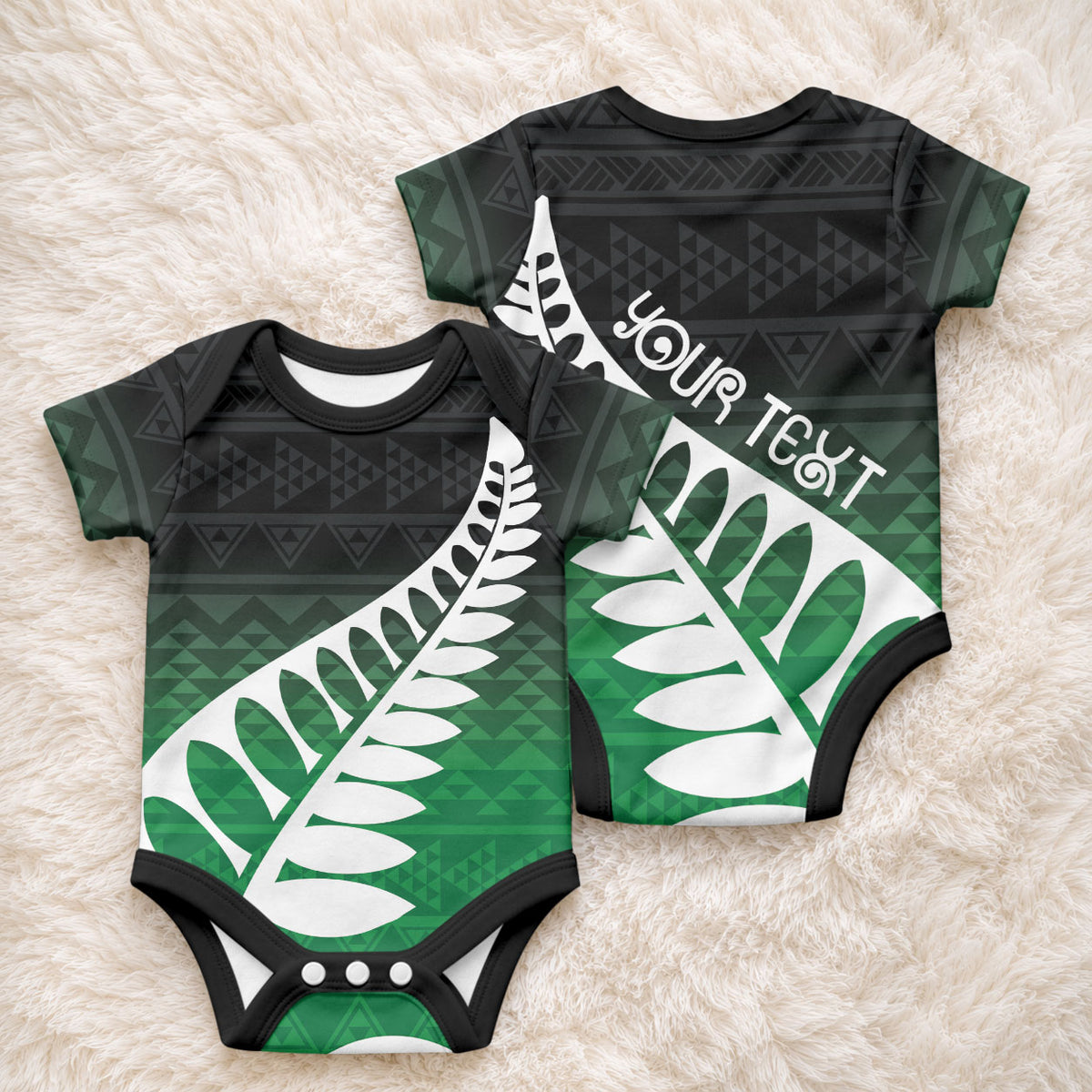 Green Silver Fern Spirit Taniko Tukutuku Personalised Baby Onesie