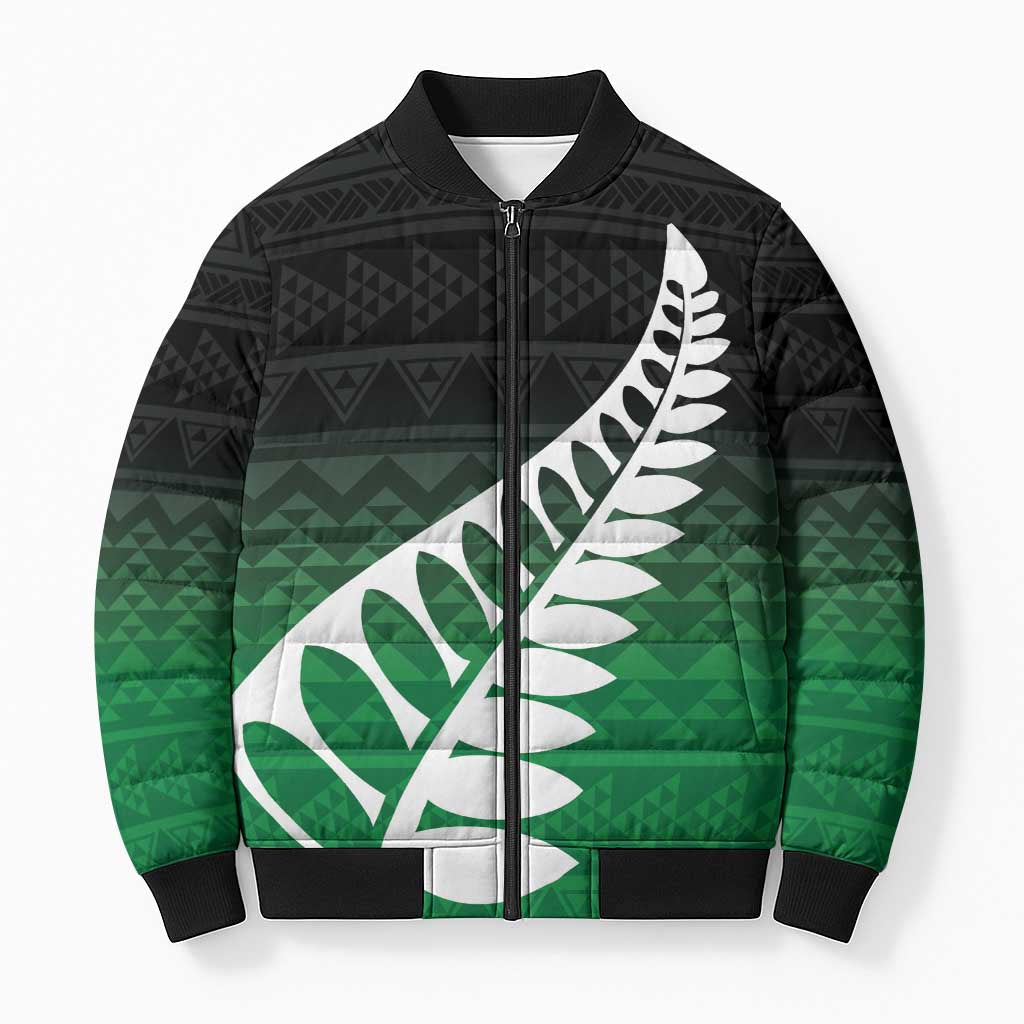Green Silver Fern Spirit Taniko Tukutuku Personalised Bomber Puffer Jacket - Aussie Hoodie