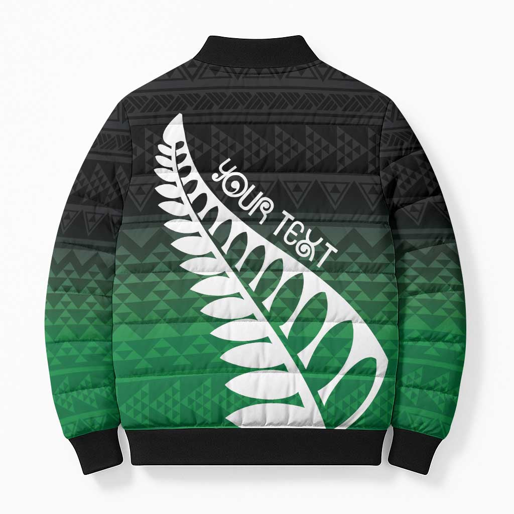 Green Silver Fern Spirit Taniko Tukutuku Personalised Bomber Puffer Jacket - Aussie Hoodie
