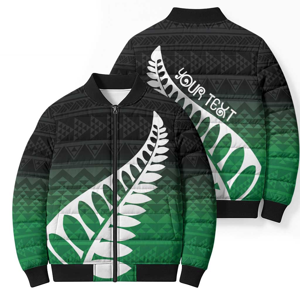 Green Silver Fern Spirit Taniko Tukutuku Personalised Bomber Puffer Jacket - Aussie Hoodie