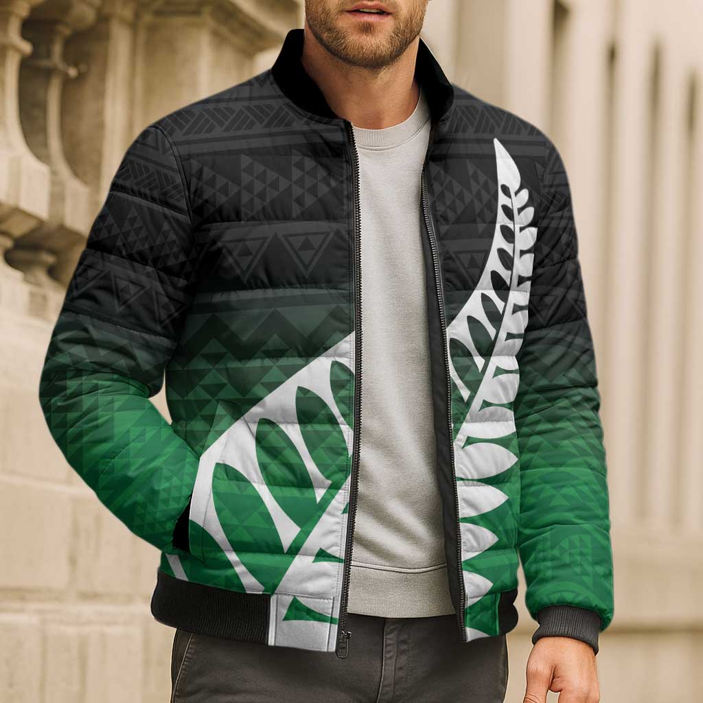 Green Silver Fern Spirit Taniko Tukutuku Personalised Bomber Puffer Jacket - Aussie Hoodie