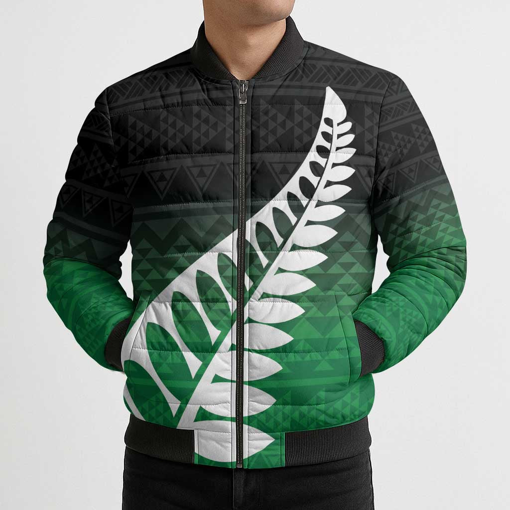 Green Silver Fern Spirit Taniko Tukutuku Personalised Bomber Puffer Jacket - Aussie Hoodie