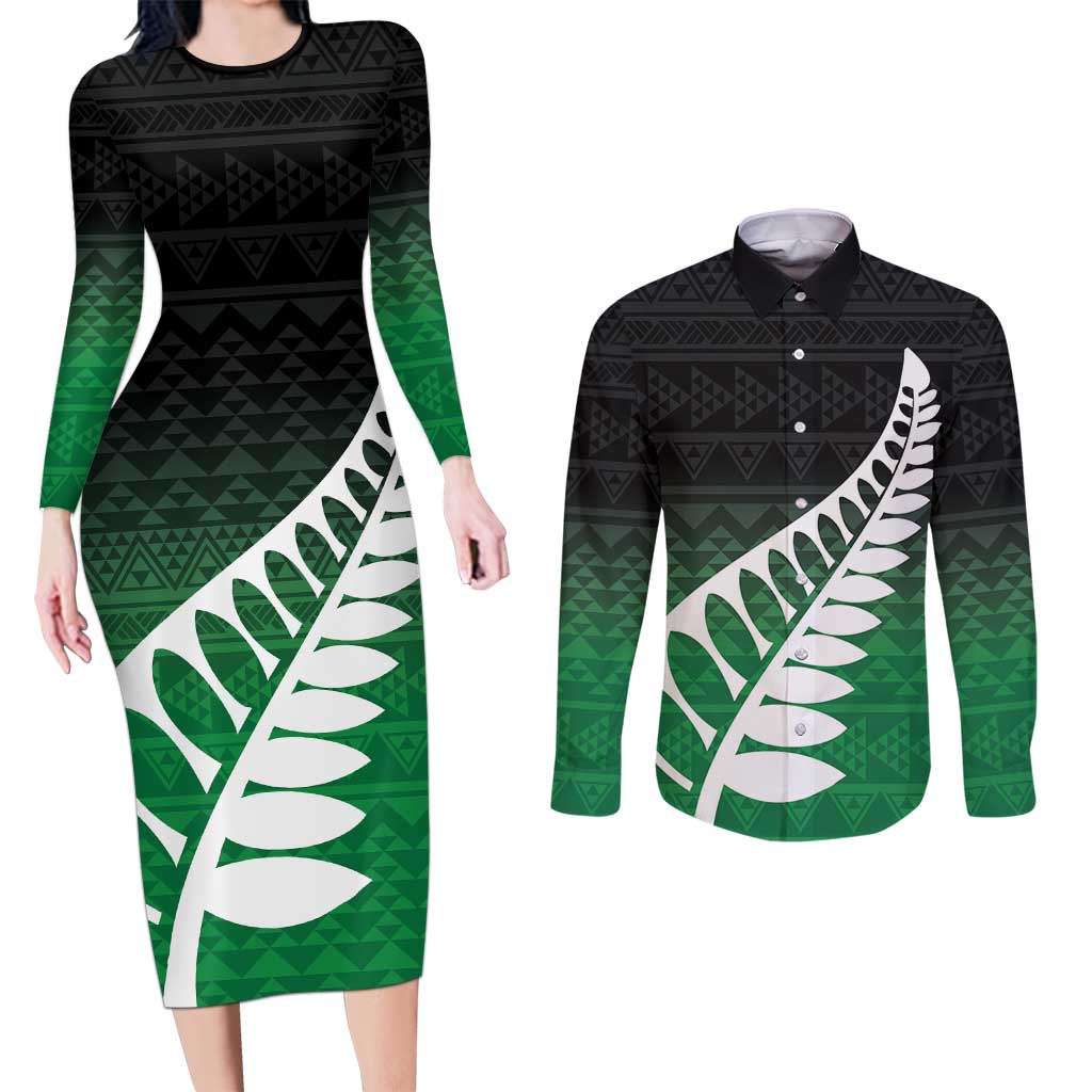 Green Silver Fern Spirit Taniko Tukutuku Personalised Couples Matching Long Sleeve Bodycon Dress and Long Sleeve Button Shirt