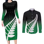 Green Silver Fern Spirit Taniko Tukutuku Personalised Couples Matching Long Sleeve Bodycon Dress and Long Sleeve Button Shirt