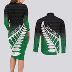 Green Silver Fern Spirit Taniko Tukutuku Personalised Couples Matching Long Sleeve Bodycon Dress and Long Sleeve Button Shirt