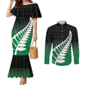 Green Silver Fern Spirit Taniko Tukutuku Personalised Couples Matching Mermaid Dress and Long Sleeve Button Shirt