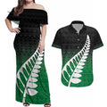 Green Silver Fern Spirit Taniko Tukutuku Personalised Couples Matching Off Shoulder Maxi Dress and Hawaiian Shirt