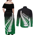 Green Silver Fern Spirit Taniko Tukutuku Personalised Couples Matching Off Shoulder Maxi Dress and Long Sleeve Button Shirt